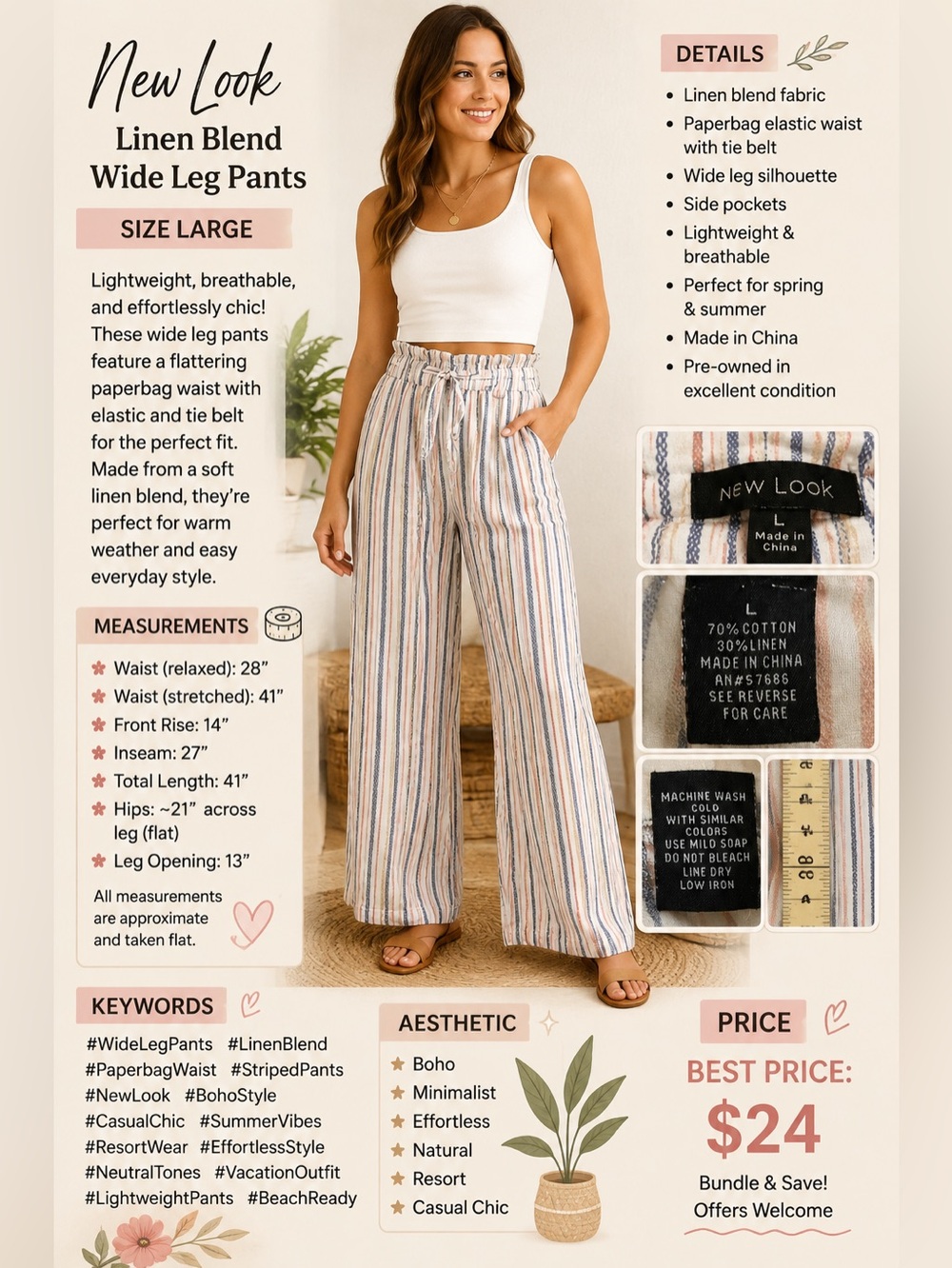 New Look White and Blue Striped Linen-Blend Men’s Pants